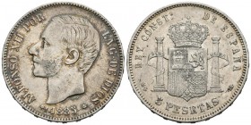 ALFONSO XII (1874-1885). 5 Pesetas (Ar. 24,99g/37mm). 1885 *18-87. Madrid MSM. (Cal-2019-62). Acuñación póstuma. MBC/MBC+.