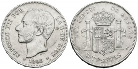 ALFONSO XII (1874-1885). 5 Pesetas. (Ar. 24,91g/37mm). 1885 *18-87. Madrid MPM. (Cal-2019-63). Acuñación póstuma. MBC/MBC+.
