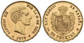 ALFONSO XII (1874-1885). 25 Pesetas. (Au. 8,05g/24mm). 1876 *18-76. Madrid DEM. (Cal-2019-67). MBC+. Raya en anverso.