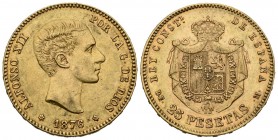 ALFONSO XII (1874-1885). 25 Pesetas. (Au. 8,06g/24mm). 1876 *18-76. Madrid DEM. (Cal-2019-67). MBC+. Marquitas.