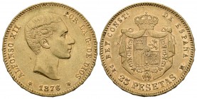 ALFONSO XII (1874-1885). 25 Pesetas. (Au. 8,05g/24mm). 1876 *18-76. Madrid DEM. (Cal-2019-67). MBC+. Marquitas.