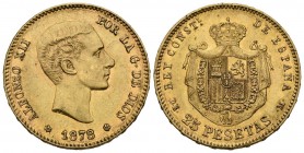 ALFONSO XII (1874-1885). 25 Pesetas. (Au. 8,05g/24mm). 1877 *18-77. Madrid DEM. (Cal-2019-68). MBC+. Marquitas.