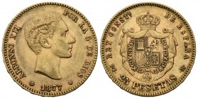ALFONSO XII (1874-1885). 25 Pesetas. (Au. 8,01g/24mm). 1877 *18-77. Madrid DEM. (Cal-2019-68). MBC+. Marquitas.