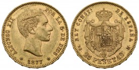 ALFONSO XII (1874-1885). 25 Pesetas. (Au. 8,05g/24mm). 1877 *18-77. Madrid DEM. (Cal-2019-68). MBC+.