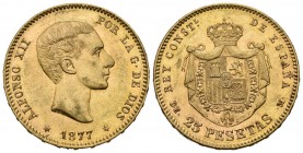 ALFONSO XII (1874-1885). 25 Pesetas. (Au. 8,06g/24mm). 1877 *18-77. Madrid DEM. (Cal-2019-68). MBC+.