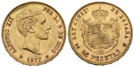 ALFONSO XII (1874-1885). 25 Pesetas. (Au. 8,04g/24mm). 1877 *18-77. Madrid DEM. (Cal-2019-68). MBC+. Marquitas.