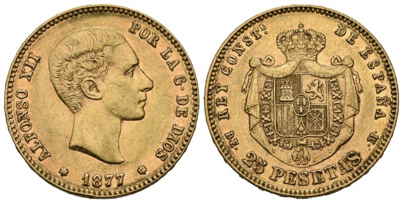 ALFONSO XII (1874-1885). 25 Pesetas. (Au. 8,05g/24mm). 1877 *18-77. Madrid DEM. ...