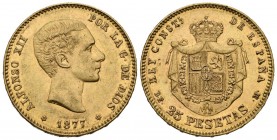 ALFONSO XII (1874-1885). 25 Pesetas. (Au. 8,05g/24mm). 1877 *18-77. Madrid DEM. (Cal-2019-68). MBC+. Marquitas.