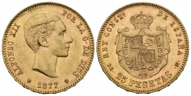 ALFONSO XII (1874-1885). 25 Pesetas. (Au. 8,08g/24mm). 1877 *18-77. Madrid DEM. (Cal-2019-68). MBC+. Marquitas.