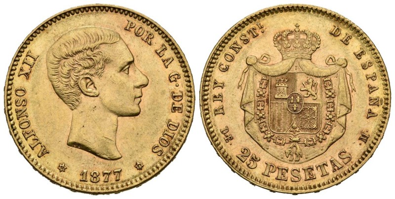 ALFONSO XII (1874-1885). 25 Pesetas. (Au. 8,06g/24mm). 1877 *18-77. Madrid DEM. ...