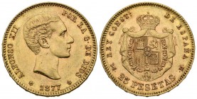 ALFONSO XII (1874-1885). 25 Pesetas. (Au. 8,06g/24mm). 1877 *18-77. Madrid DEM. (Cal-2019-68). MBC+.