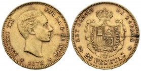 ALFONSO XII (1874-1885). 25 Pesetas. (Au. 8,07g/24mm). 1878 *18-78. Madrid DEM. (Cal-2019-70). MBC+. Grieta en reverso que provoca raya en anverso.