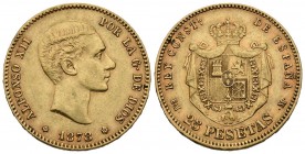 ALFONSO XII (1874-1885). 25 Pesetas. (Au. 8,07g/24mm). 1878 *18-78. Madrid EMM. (Cal-2019-71). MBC+. Marquitas. Restos de brillo original.