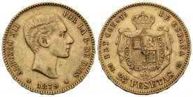 ALFONSO XII (1874-1885). 25 Pesetas. (Au. 8,01g/24mm). 1879 *18-79. Madrid EMM. (Cal-2019-73). MBC+. Marquitas. Segunda estrella floja.