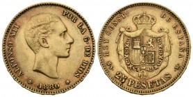 ALFONSO XII (1874-1885). 25 Pesetas. (Au. 8,06g/24mm). 1880 *18-80. Madrid MSM. (Cal-2019-79). MBC+. Marquitas. Restos de brillo original.