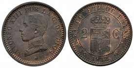 ALFONSO XIII (1885-1931). 2 Céntimos. (Ae. 2,08g/20mm). 1912 *12. Madrid PCV. (Cal-2019-15). EBC+. Pátina oscura.