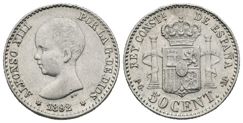 ALFONSO XIII (1885-1931). 50 Céntimos. (Ar. 2,49g/18mm). 1892 *9-2. Madrid PGM. ...