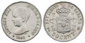 ALFONSO XIII (1885-1931). 50 Céntimos. (Ar. 2,49g/18mm). 1892 *9-2. Madrid PGM. (Cal-2019-38). MBC+/EBC-.