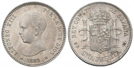 ALFONSO XIII (1885-1931). 1 Peseta. (Ar. 4,99g/23mm). 1889 *18-89. Madrid MPM. (Cal-2019-52). EBC+. Restos de brillo original. Precioso ejemplar raro ...