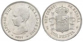 ALFONSO XIII (1885-1931). 1 Peseta. (Ar. 5,14g/23mm). 1891 *18-91. Madrid PGM. (Cal-2019-53). Primera estrella no visible. EBC+. Escasa así.