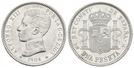 ALFONSO XIII (1885-1931). 1 Peseta. (Ar. 5,06g/23mm). 1904 *19-04. Madrid SMV. (Cal-2019-69). Cero partido. SC. Marquitas.