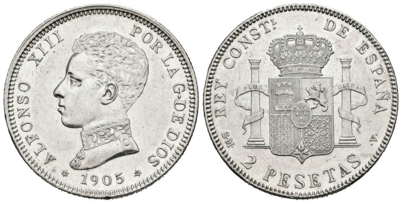 ALFONSO XIII (1885-1931). 2 Pesetas. (Ar. 10,01g /27mm). 1905 *19-05. Madrid SMV...