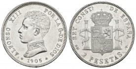 ALFONSO XIII (1885-1931). 2 Pesetas. (Ar. 10,01g /27mm). 1905 *19-05. Madrid SMV. (Cal-2019-88). SC-. Rayitas de limpieza.