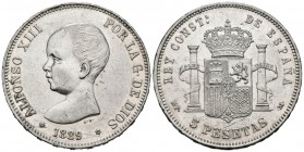 ALFONSO XIII (1885-1931). 5 Pesetas. (Ar. 24,94g/37mm). 1889 *18-89. Madrid MPM. (Cal-2019-93). EBC-. Limpiada.