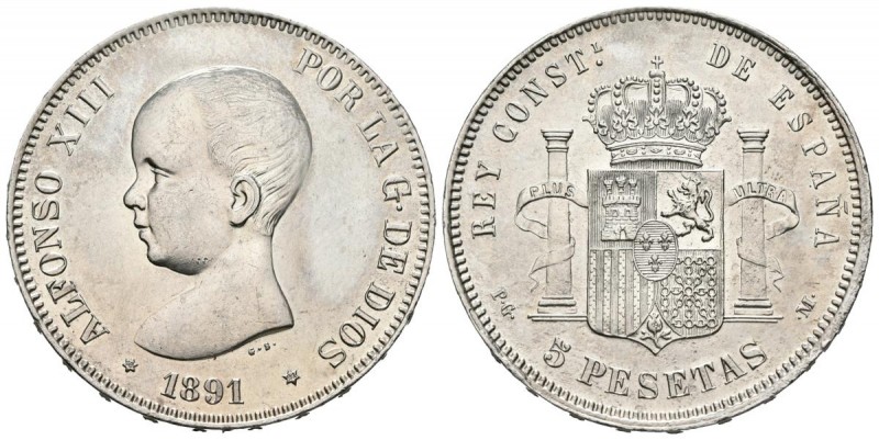 ALFONSO XIII (1885-1931). 5 Pesetas. (Ar. 24,71g/38mm). 1891 *18-91. Madrid PGM....