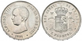 ALFONSO XIII (1885-1931). 5 Pesetas. (Ar. 24,71g/38mm). 1891 *18-91. Madrid PGM. (Cal-2019-98). Madrid PGM. EBC. Oxidaciones limpiadas.