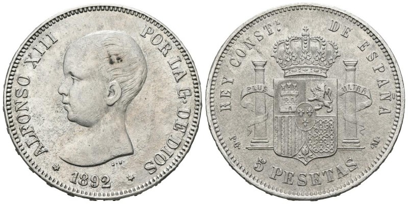 ALFONSO XIII (1875-1931). 5 Pesetas. (Ar. 24,60g/38mm). 1892 *18-92. Madrid PGM....