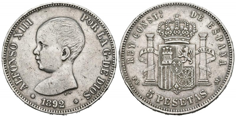 ALFONSO XIII (1885-1931). 5 Pesetas (Ar. 24,84g/38mm). 1892 *18-92. Madrid PGM. ...