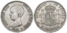 ALFONSO XIII (1885-1931). 5 Pesetas (Ar. 24,84g/38mm). 1892 *18-92. Madrid PGM. (Cal-2019-93). MBC+. Bonito tono.