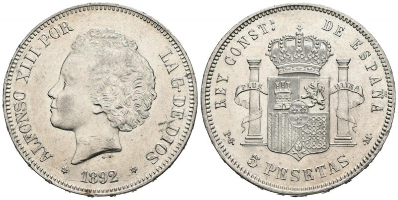 ALFONSO XIII (1885-1931). 5 Pesetas. (Ar. 25,11g/37mm). 1892 *18-92. Madrid PGM....