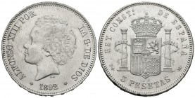 ALFONSO XIII (1885-1931). 5 Pesetas. (Ar. 24,89g/37mm). 1892 *18-92. Madrid PGM. (Cal-2019-100). EBC-. Rotura de cuño en reverso y golpe en canto.