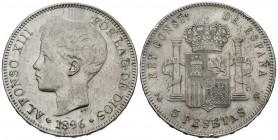 ALFONSO XIII (1885-1931). 5 Pesetas. (Ar. 25,00g/37mm). 1896 *18-96. Madrid PGV. (Cal-2019-106). EBC-.