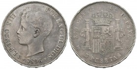 ALFONSO XIII (1885-1931). 5 Pesetas. (Ar. 24,76g /37mm). 1896 *18-96. Madrid PGV. (Cal-2019-106). MBC+. Bonito tono. Golpecito en el canto.