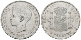 ALFONSO XIII (1885-1931). 5 Pesetas. (Ar. 25,00g/37mm). 1897 *18-97. Madrid SGV. (Cal-2019-107). EBC-. Marquitas. Ligero golpe en el canto.