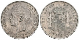 ALFONSO XIII (1885-1931). 5 Pesetas. (Ar. 24,76g /37mm). 1897 *18-97. Madrid SGV. (Cal-2019-107). EBC-. Ligeramente limpiada.