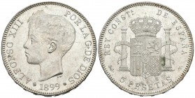 ALFONSO XIII (1885-1931). 5 Pesetas. (Ar. 24,78g/37mm). 1899 *18-99. Madrid SGV. (Cal-2019-110). SC-. Brillo original.