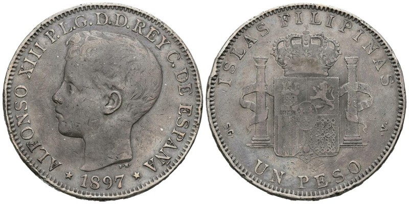 ALFONSO XIII (1885-1931). 1 Peso. (Ar. 24,76g/37mm). 1897. Manila SGV. (Cal-2019...