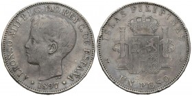 ALFONSO XIII (1885-1931). 1 Peso. (Ar. 24,76g/37mm). 1897. Manila SGV. (Cal-2019-122). MBC-. Pátina.