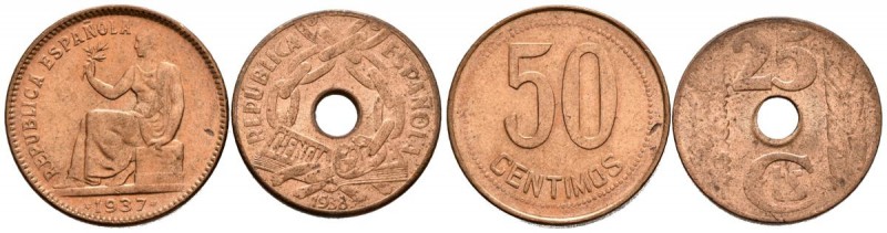 II REPUBLICA (1931-1939). Magnífica pareja de cobres con valores de 25 y 50 cént...