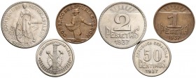 CONSEJO DE ASTURIAS y LEON. Conjunto de tres valores acuñados por este Consejo: 50 Céntimos, 1 y 2 Pesetas. 1937. (Cal-2019-8/10). EBC+.