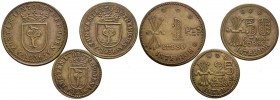 TREBUJENA (Cádiz). Conjunto de 3 valores: 25 y 50 Céntimos y 1 Peseta. 1936. No están reconocidas en ningún catálogo de moneda española. MBC+. Con tod...