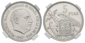 ESTADO ESPAÑOL (1939-1975). 5 Pesetas. (Ni. 5,75g/23mm)*. 1957 *19-70. Madrid. (Cal-2019-110). MS-65. Encapsulada por NN-Coins. *Valores teóricos.
