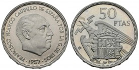 ESTADO ESPAÑOL (1936-1975). 50 Pesetas. (Ni. 12.35g/30mm). 1957 *72. Madrid. (Cal-2019-141). PROOF. Precioso brillo. Escasa
