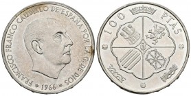 ESTADO ESPAÑOL (1936-1975). 100 Pesetas. (Ar. 19,25g/34mm). 1966 *68. Madrid. (Cal-2019-147). SC. Brillo espejo. Procedente de tira. Magnífico ejempla...