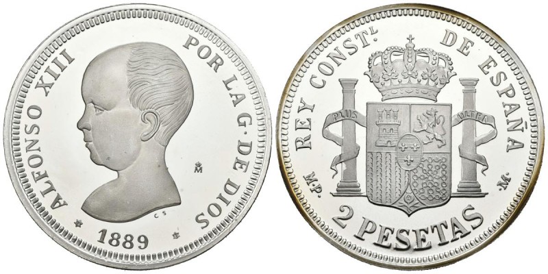 CONTEMPORANEO. 2 Pesetas. (Ar. 27,07g/40mm). 1889. Alfonso XIII. Reproducción ac...