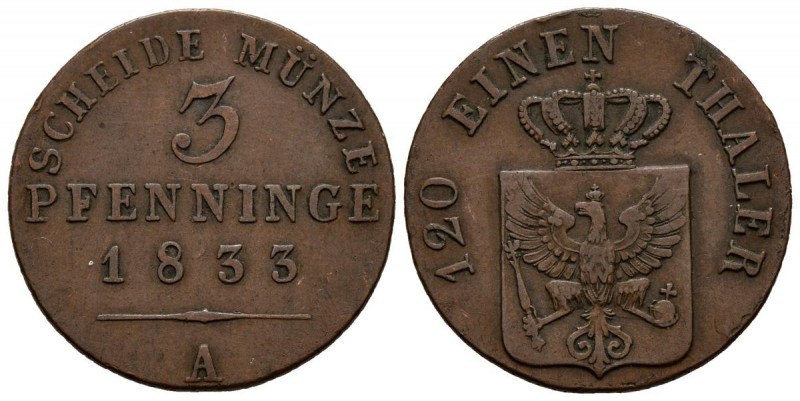 ALEMANIA (Prusia). 3 Pfennig. (Ae. 4,50g/24mm). 1833. Friedrich Wilhelm III. Ber...